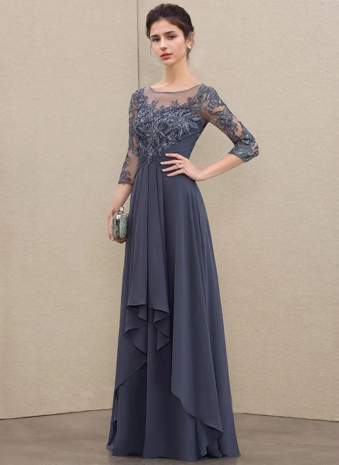 Long Mother of The Bride Dresses for Wedding Beach 3/4 Long Sleeves Sparkly Lace Formal Dress for Women 2025