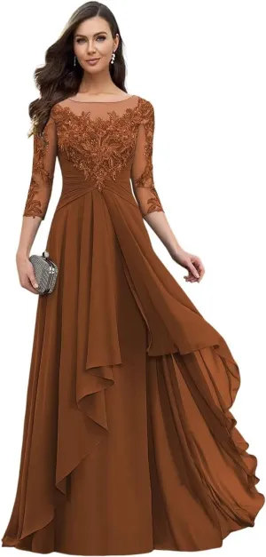 Long Mother of The Bride Dresses for Wedding Beach 3/4 Long Sleeves Sparkly Lace Formal Dress for Women 2025