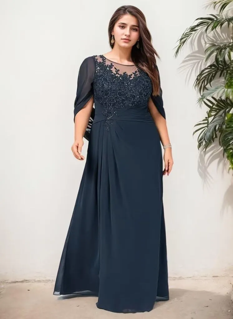 Long Mother of The Bride Dresses for Wedding Mermaid Chffion Cape Sleeves Lace Formal Dress for Women 2024