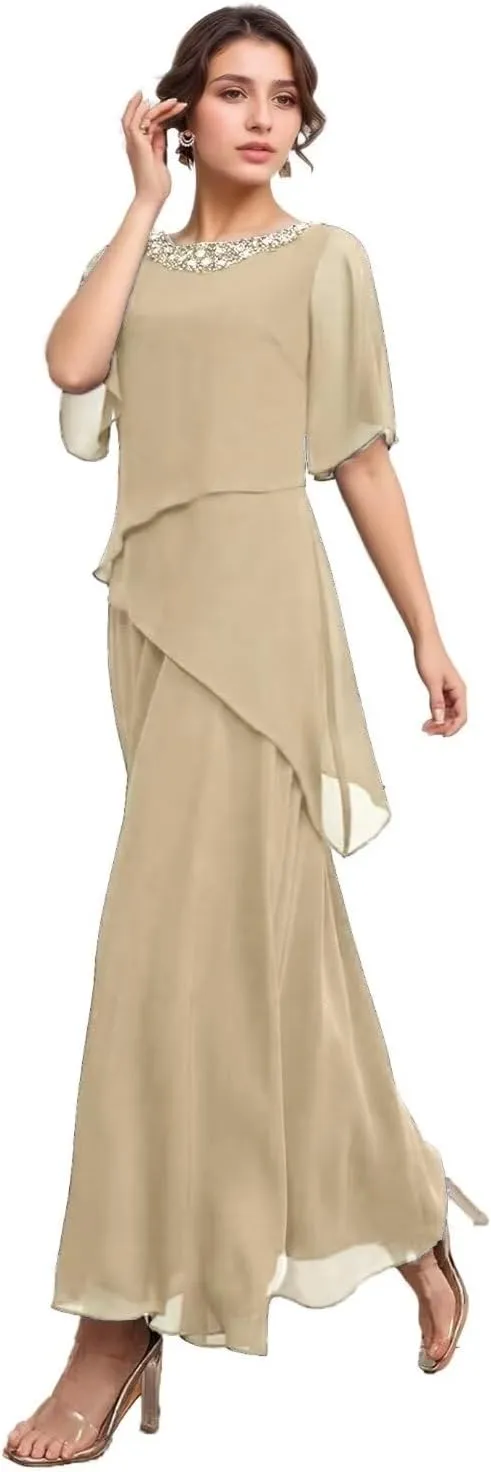 Long Mother of The Bride Dresses for Wedding Short Sleeves Chiffon Pleated Formal Dress for Women 2024