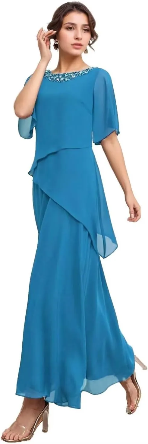 Long Mother of The Bride Dresses for Wedding Short Sleeves Chiffon Pleated Formal Dress for Women 2024