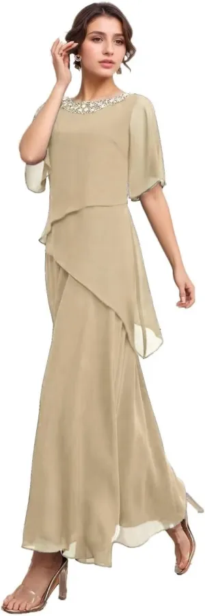 Long Mother of The Bride Dresses for Wedding Short Sleeves Chiffon Pleated Formal Dress for Women 2024