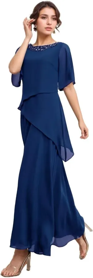 Long Mother of The Bride Dresses for Wedding Short Sleeves Chiffon Pleated Formal Dress for Women 2024