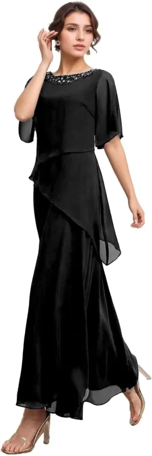Long Mother of The Bride Dresses for Wedding Short Sleeves Chiffon Pleated Formal Dress for Women 2024