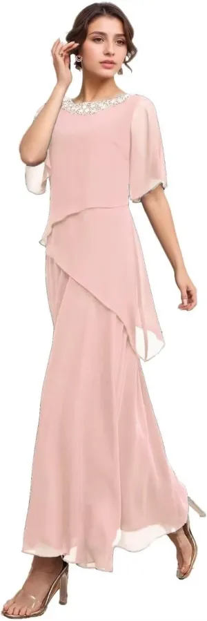 Long Mother of The Bride Dresses for Wedding Short Sleeves Chiffon Pleated Formal Dress for Women 2024