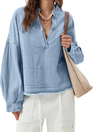 loveimgs Women Oversized Denim Shirt Sweatshirt V Neck Long Sleeve Y2k Jean Shacket Denim Blouse Hoodie Pullover Top
