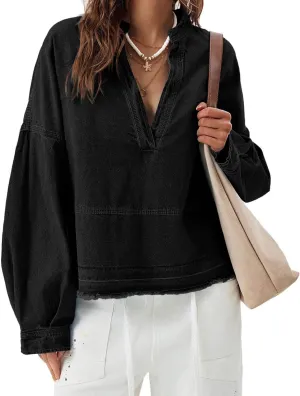 loveimgs Women Oversized Denim Shirt Sweatshirt V Neck Long Sleeve Y2k Jean Shacket Denim Blouse Hoodie Pullover Top