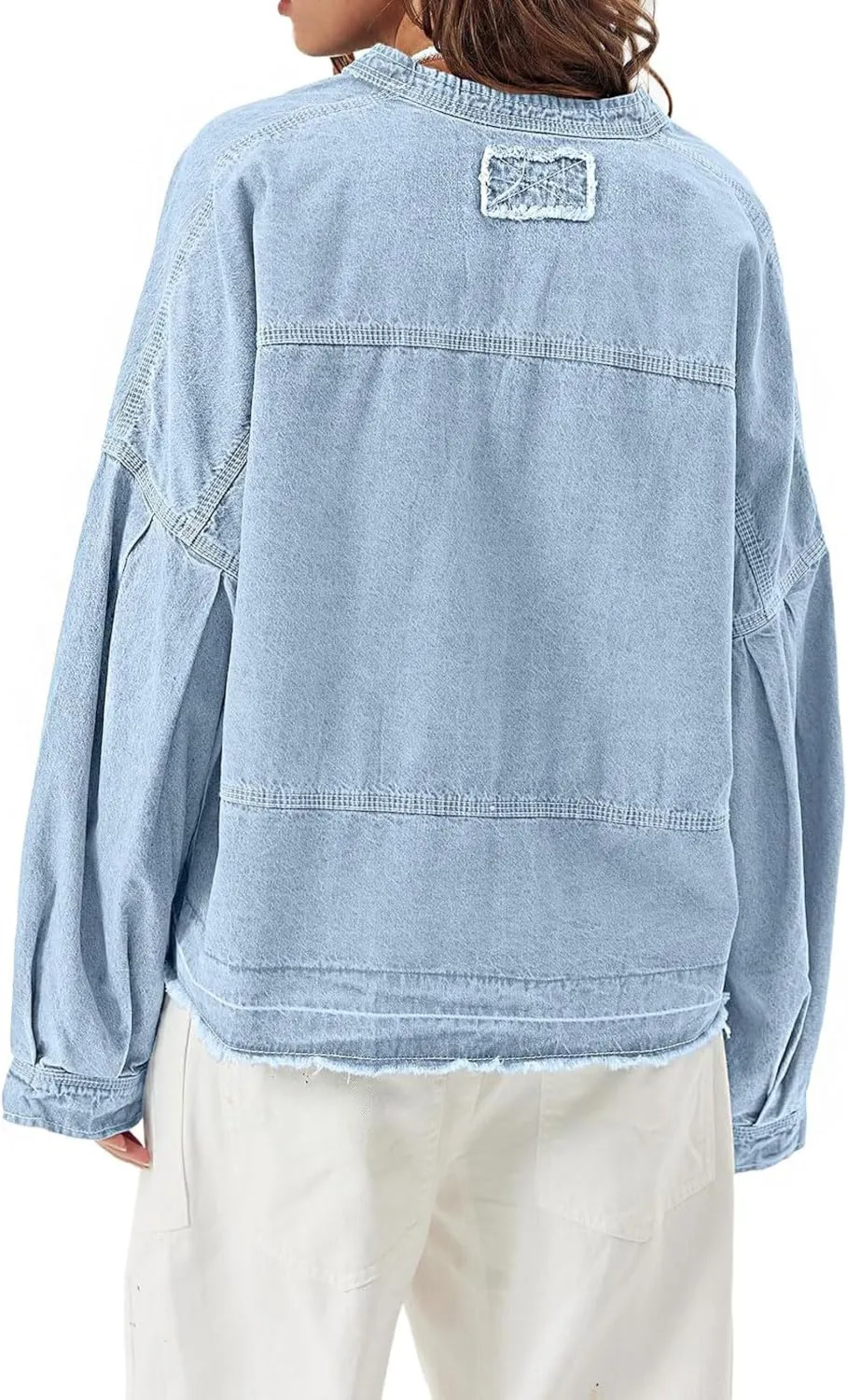 loveimgs Women Oversized Denim Shirt Sweatshirt V Neck Long Sleeve Y2k Jean Shacket Denim Blouse Hoodie Pullover Top