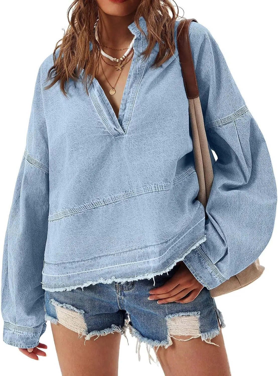 loveimgs Women Oversized Denim Shirt Sweatshirt V Neck Long Sleeve Y2k Jean Shacket Denim Blouse Hoodie Pullover Top
