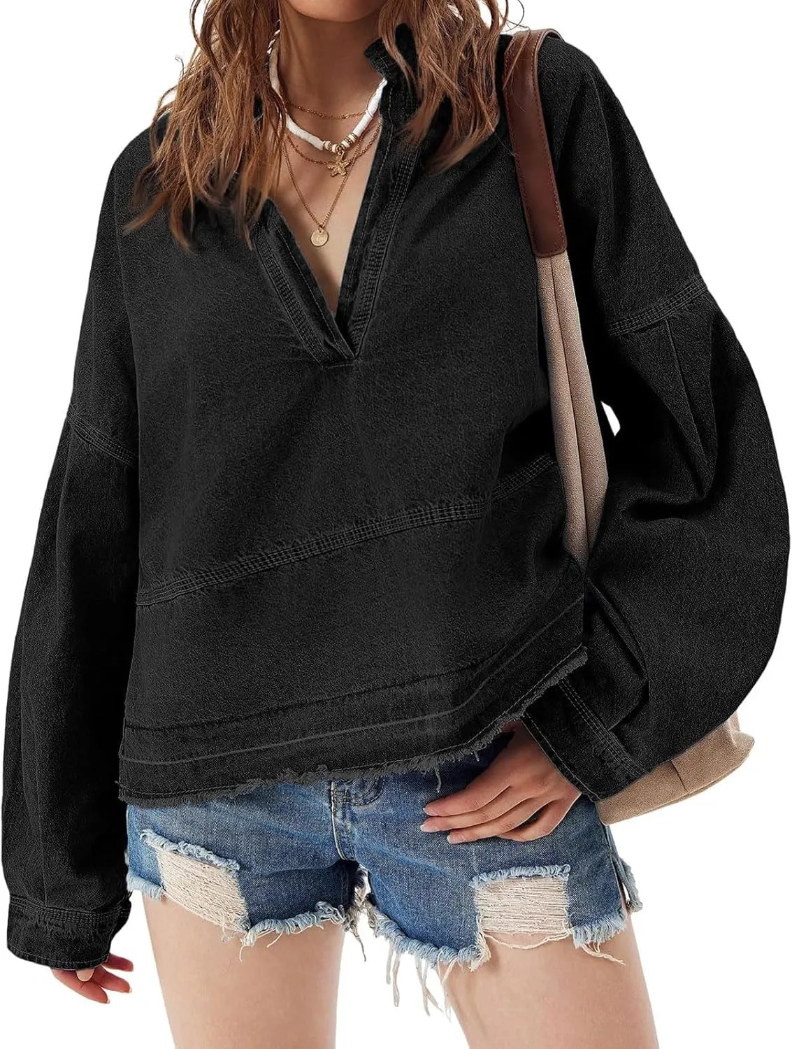 loveimgs Women Oversized Denim Shirt Sweatshirt V Neck Long Sleeve Y2k Jean Shacket Denim Blouse Hoodie Pullover Top
