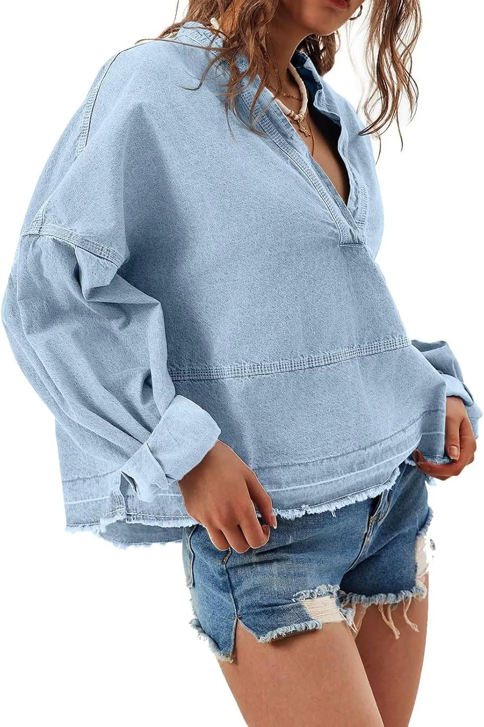 loveimgs Women Oversized Denim Shirt Sweatshirt V Neck Long Sleeve Y2k Jean Shacket Denim Blouse Hoodie Pullover Top