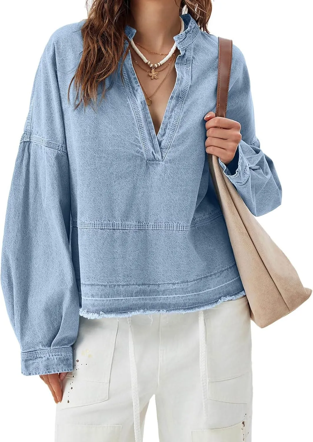 loveimgs Women Oversized Denim Shirt Sweatshirt V Neck Long Sleeve Y2k Jean Shacket Denim Blouse Hoodie Pullover Top