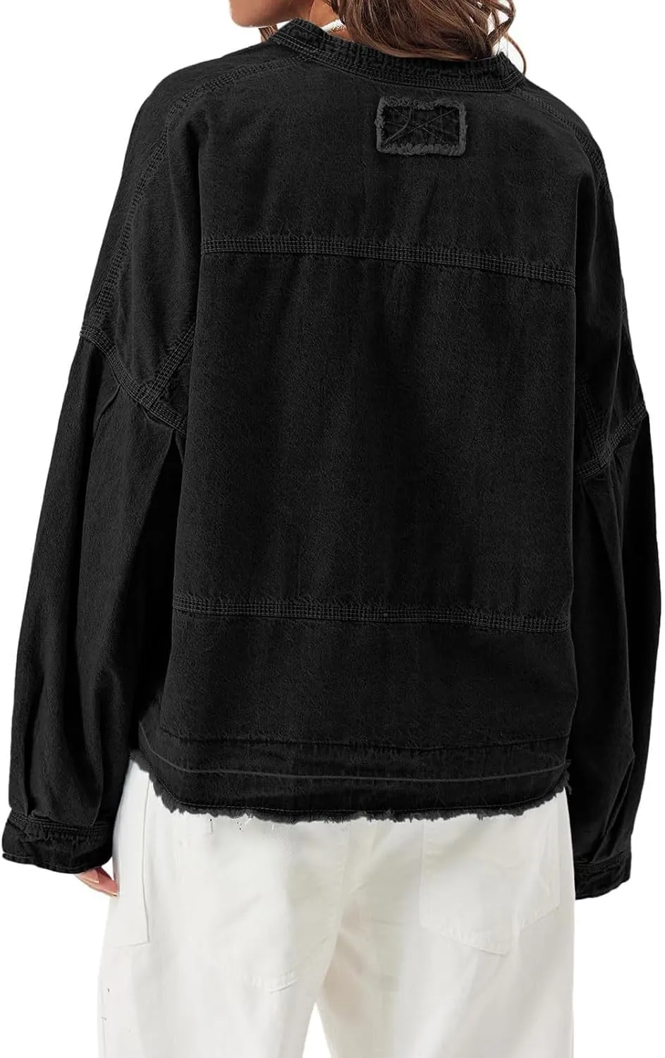 loveimgs Women Oversized Denim Shirt Sweatshirt V Neck Long Sleeve Y2k Jean Shacket Denim Blouse Hoodie Pullover Top
