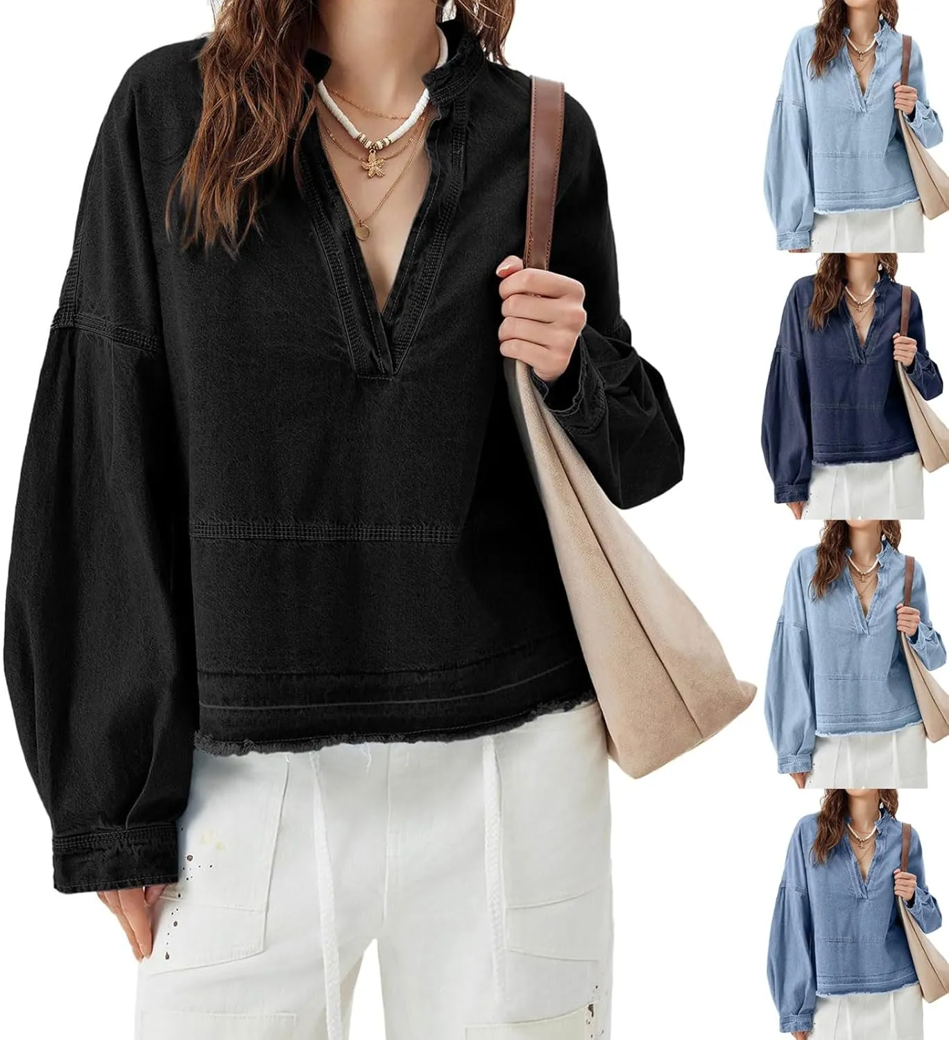 loveimgs Women Oversized Denim Shirt Sweatshirt V Neck Long Sleeve Y2k Jean Shacket Denim Blouse Hoodie Pullover Top