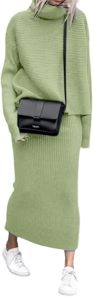 loveimgs Women's 2 Piece Outfits Ribbed Knit Long Sleeve Turtleneck Midi Pencil Skirt Set Casual Two Piece Dress