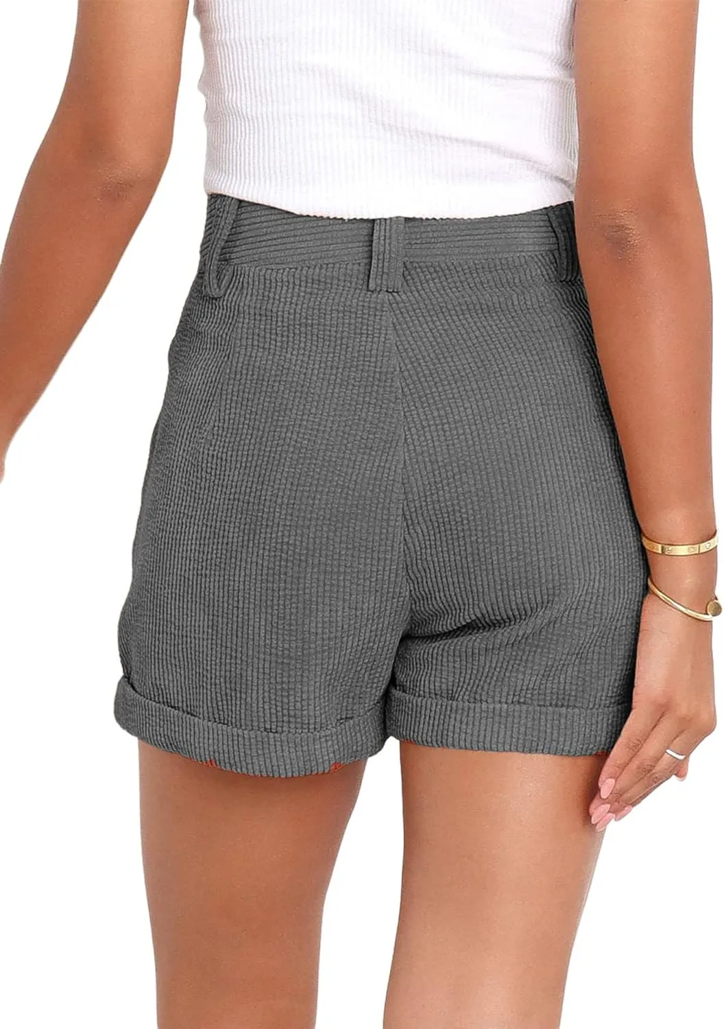 loveimgs Women's Casual Button High Waist Corduroy Shorts Cuffed Hem Solid Shorts Trousers with Pockets