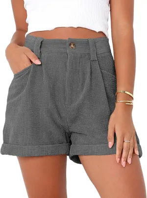 loveimgs Women's Casual Button High Waist Corduroy Shorts Cuffed Hem Solid Shorts Trousers with Pockets