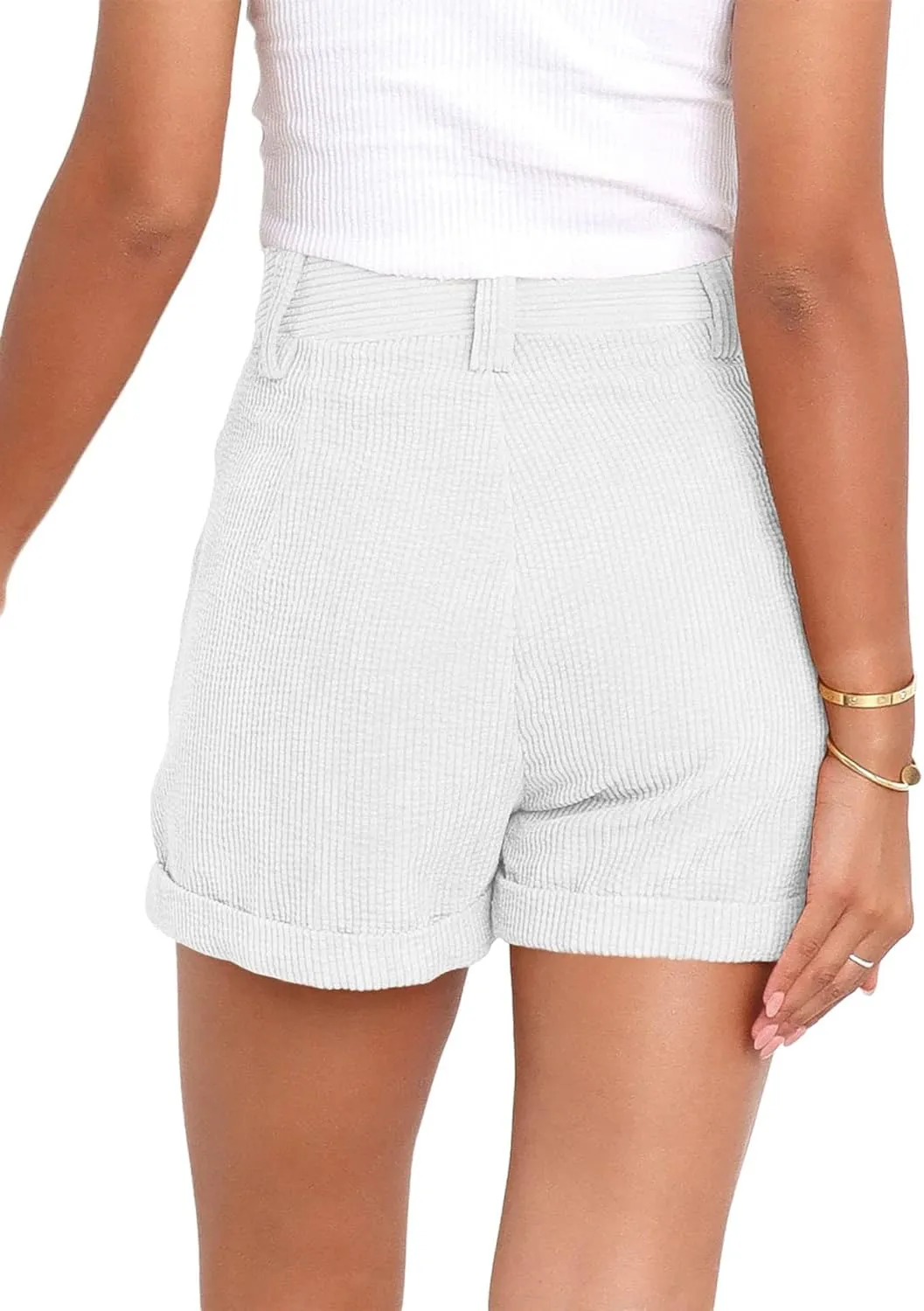 loveimgs Women's Casual Button High Waist Corduroy Shorts Cuffed Hem Solid Shorts Trousers with Pockets
