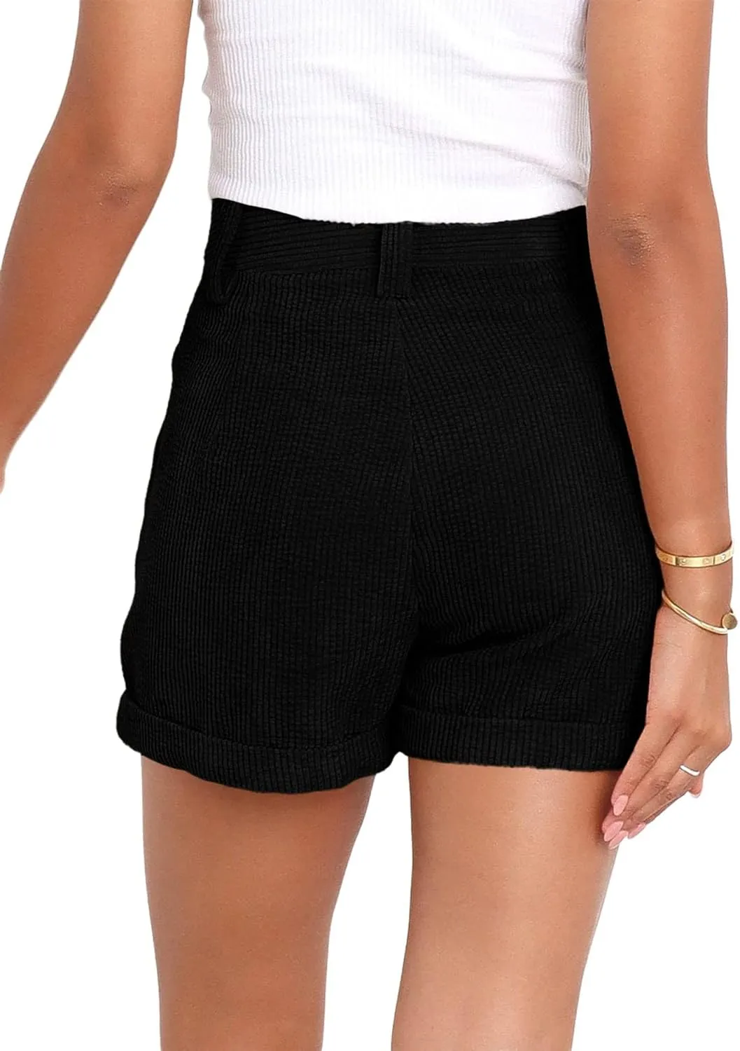 loveimgs Women's Casual Button High Waist Corduroy Shorts Cuffed Hem Solid Shorts Trousers with Pockets