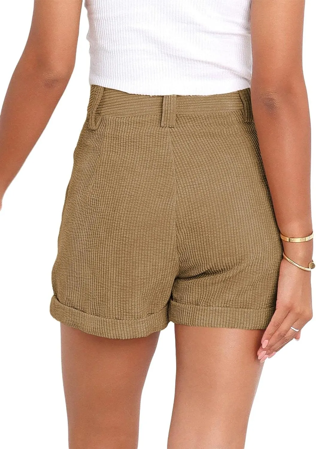 loveimgs Women's Casual Button High Waist Corduroy Shorts Cuffed Hem Solid Shorts Trousers with Pockets