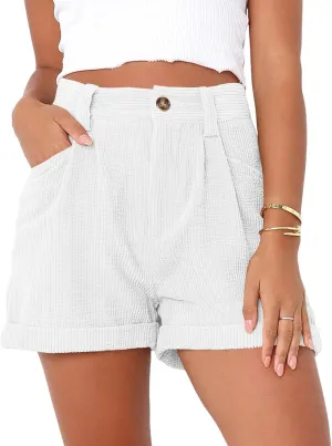 loveimgs Women's Casual Button High Waist Corduroy Shorts Cuffed Hem Solid Shorts Trousers with Pockets