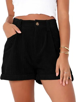 loveimgs Women's Casual Button High Waist Corduroy Shorts Cuffed Hem Solid Shorts Trousers with Pockets
