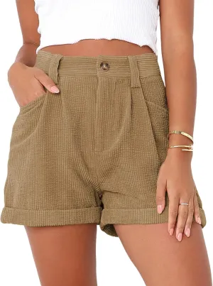 loveimgs Women's Casual Button High Waist Corduroy Shorts Cuffed Hem Solid Shorts Trousers with Pockets