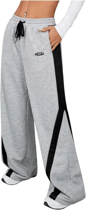 MakeMeChic Women's Colorblock Drawstring Waist Baggy Sweatpants Wide Leg Athletic Trousers