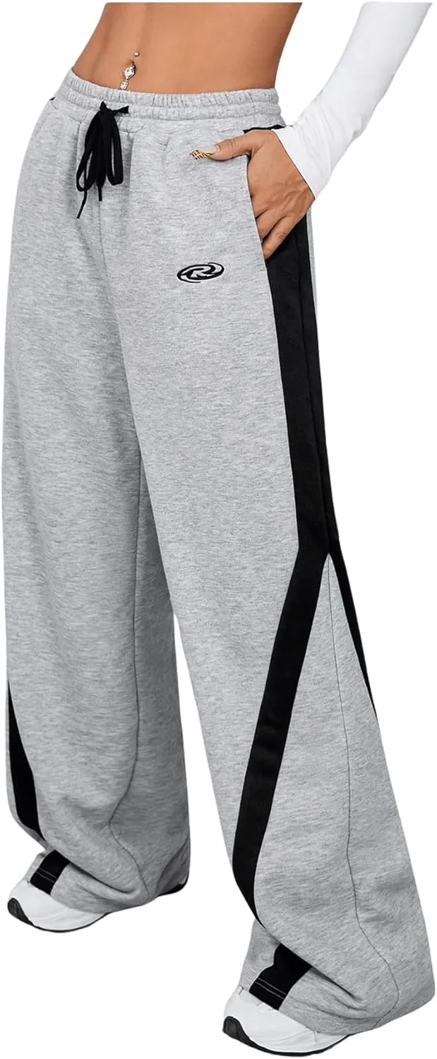 MakeMeChic Women's Colorblock Drawstring Waist Baggy Sweatpants Wide Leg Athletic Trousers