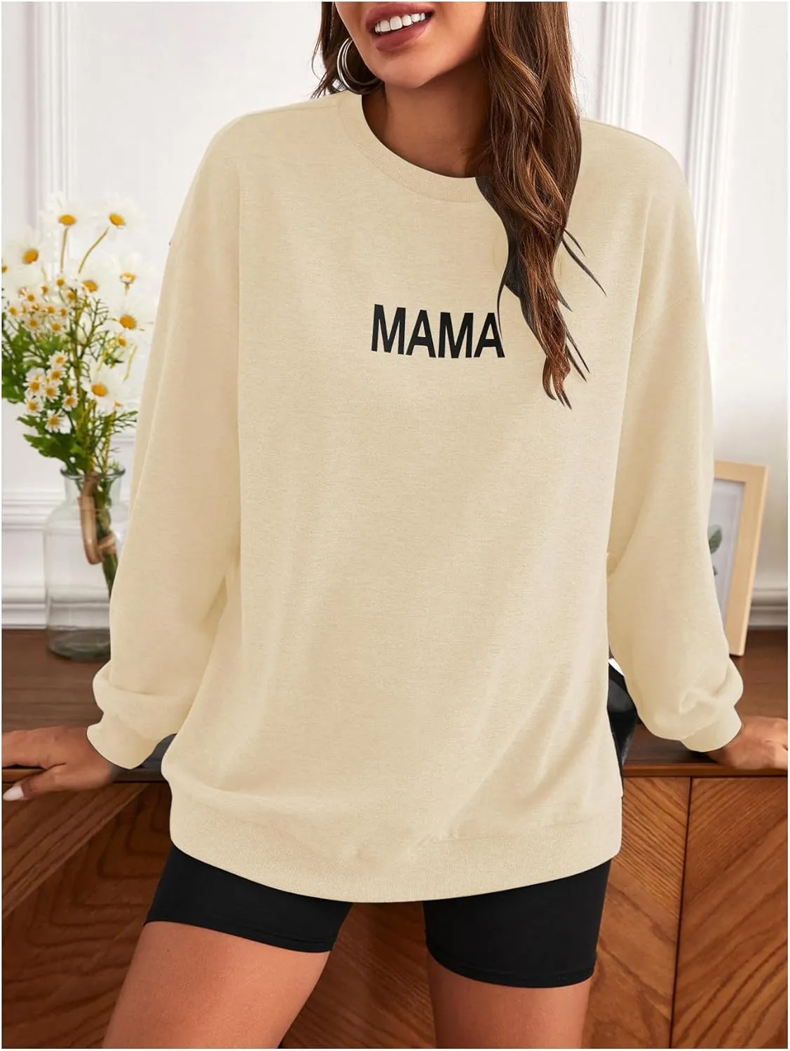 MakeMeChic Women's Maternity Sweatshirt Oversized Long Sleeve Split Side Graphic Pullover Tee Tops Pregnancy Mama Sweatshirt