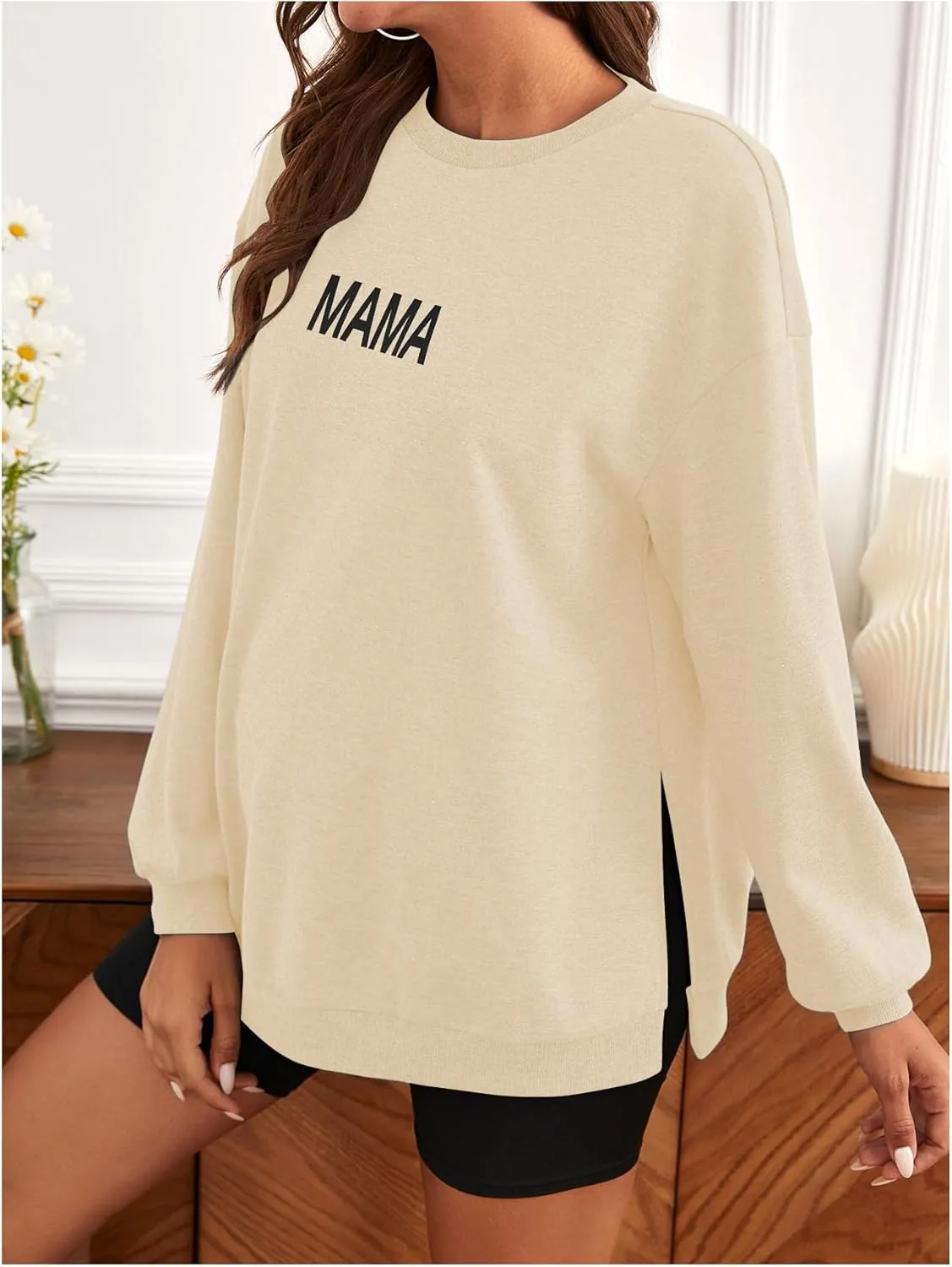 MakeMeChic Women's Maternity Sweatshirt Oversized Long Sleeve Split Side Graphic Pullover Tee Tops Pregnancy Mama Sweatshirt