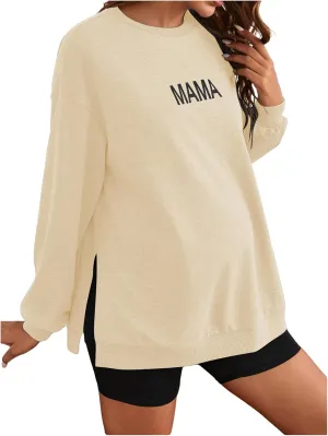 MakeMeChic Women's Maternity Sweatshirt Oversized Long Sleeve Split Side Graphic Pullover Tee Tops Pregnancy Mama Sweatshirt