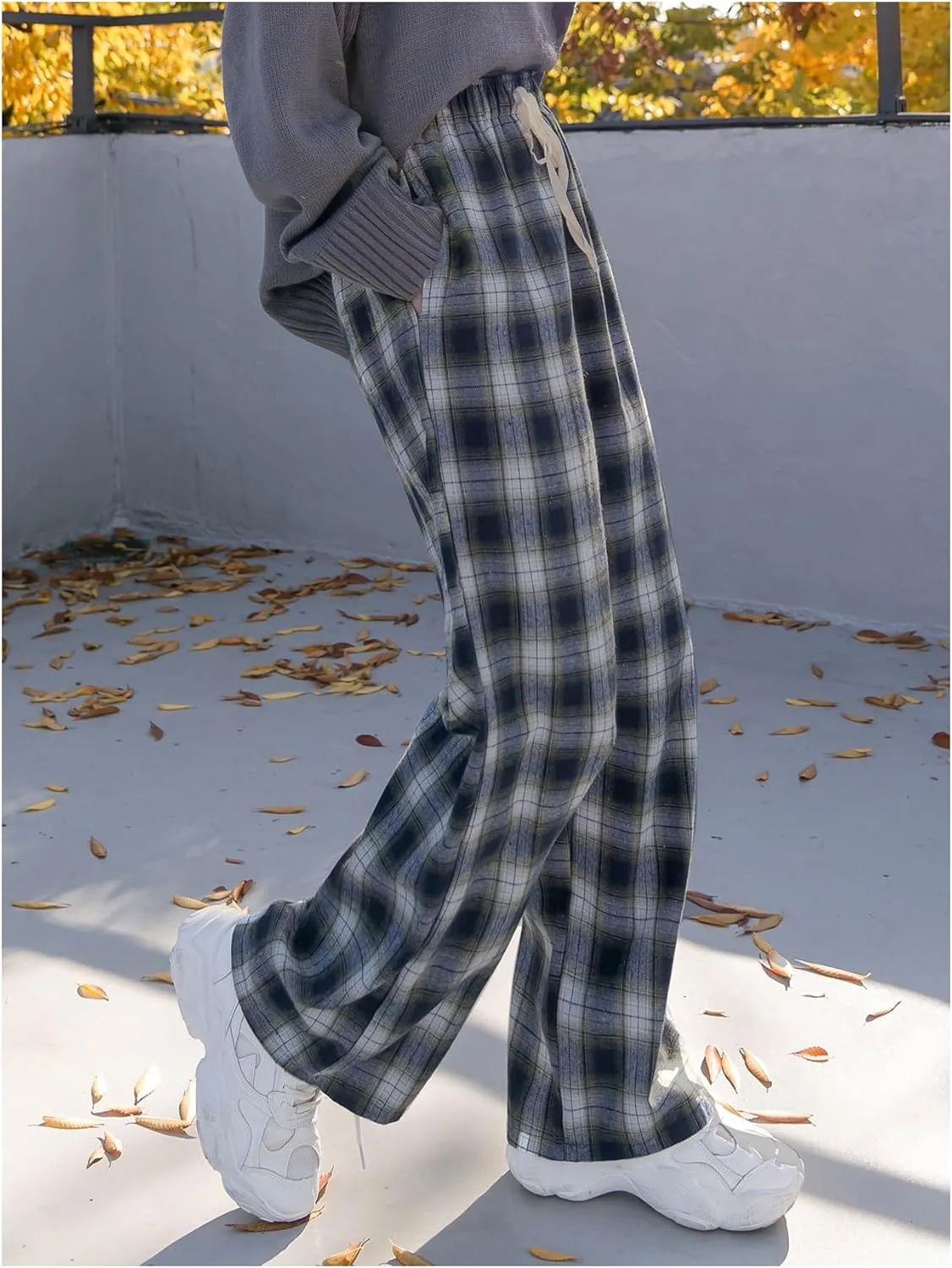 MakeMeChic Women's Plaid Pants Elastic Waist Wide Leg Loose Casual Trousers
