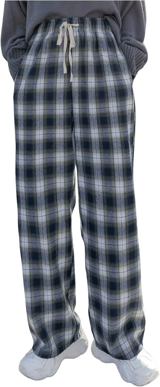 MakeMeChic Women's Plaid Pants Elastic Waist Wide Leg Loose Casual Trousers