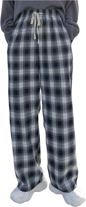 MakeMeChic Women's Plaid Pants Elastic Waist Wide Leg Loose Casual Trousers