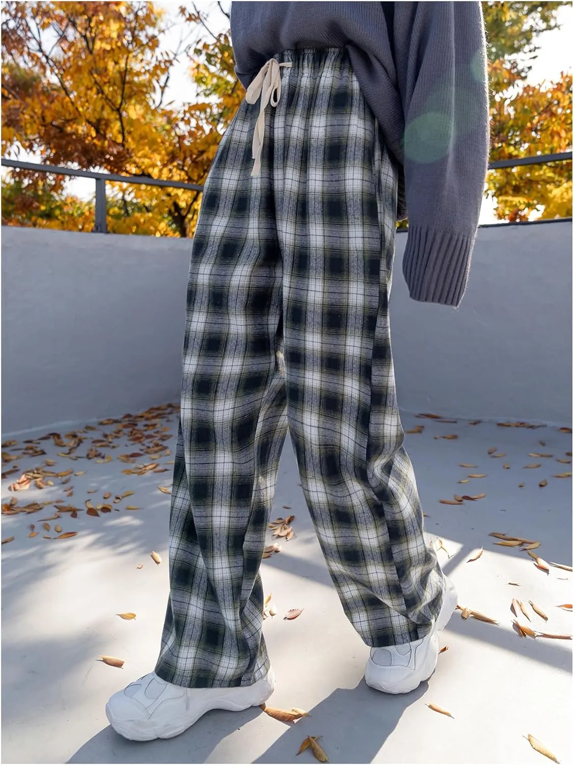 MakeMeChic Women's Plaid Pants Elastic Waist Wide Leg Loose Casual Trousers