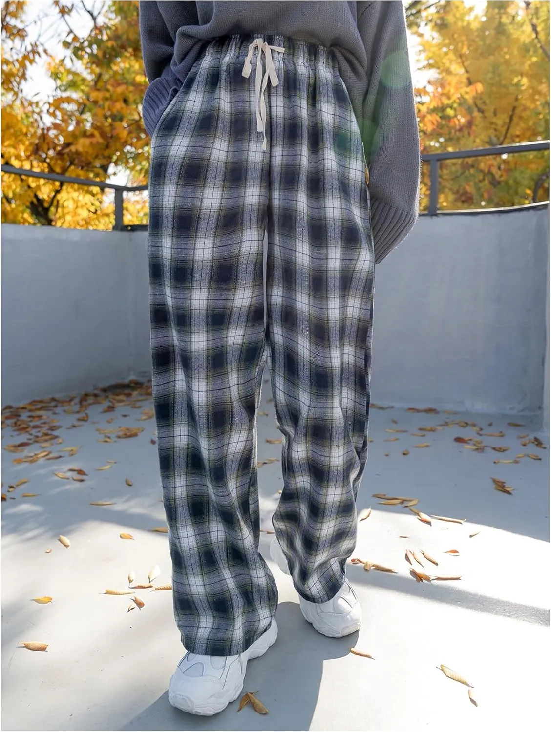 MakeMeChic Women's Plaid Pants Elastic Waist Wide Leg Loose Casual Trousers