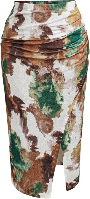 MakeMeChic Women's Plus Size Tie Dye Ruched Split Thigh Asymmetrical Hem Long Skirts