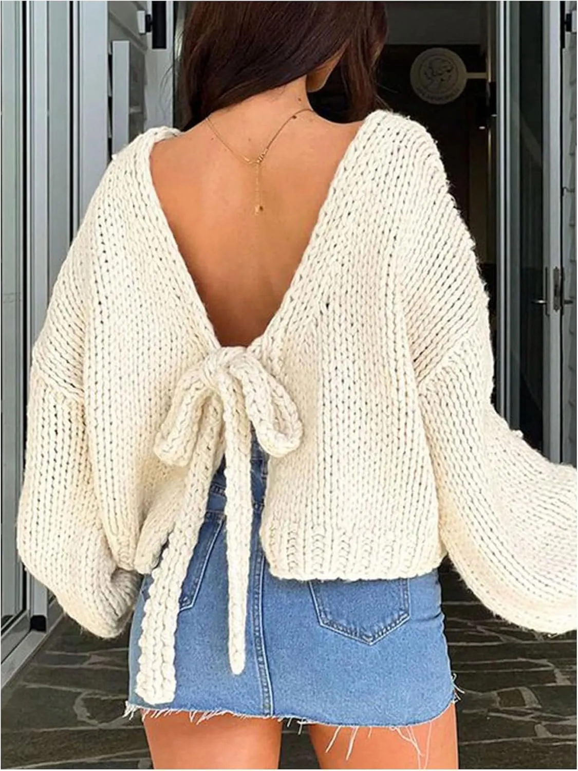 MakeMeChic Women's Tie Front Cardigan Sweater Long Sleeve Drop Shoulder V Neck Chunky Cardigans