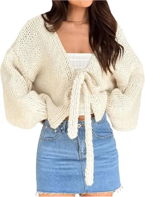 MakeMeChic Women's Tie Front Cardigan Sweater Long Sleeve Drop Shoulder V Neck Chunky Cardigans