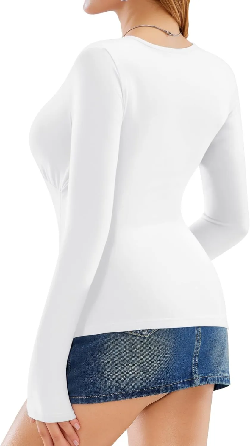 MANGOPOP Women's Cross Wrap Ruched Plunge Sexy Deep V Neck Slim Fit Long Sleeve Fleece Lined T Shirt Tunic Tops Tee