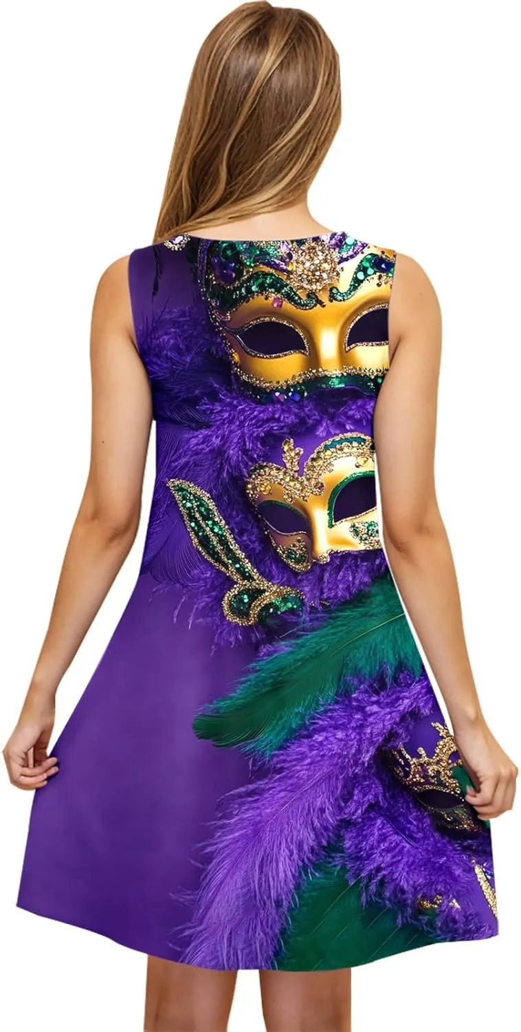 Mardi Gras Tank Dress for Women 2025 Casual Scoop Neck Sleeveless Mini Dress Loose Flowy A-Line Flare Sun Dresses
