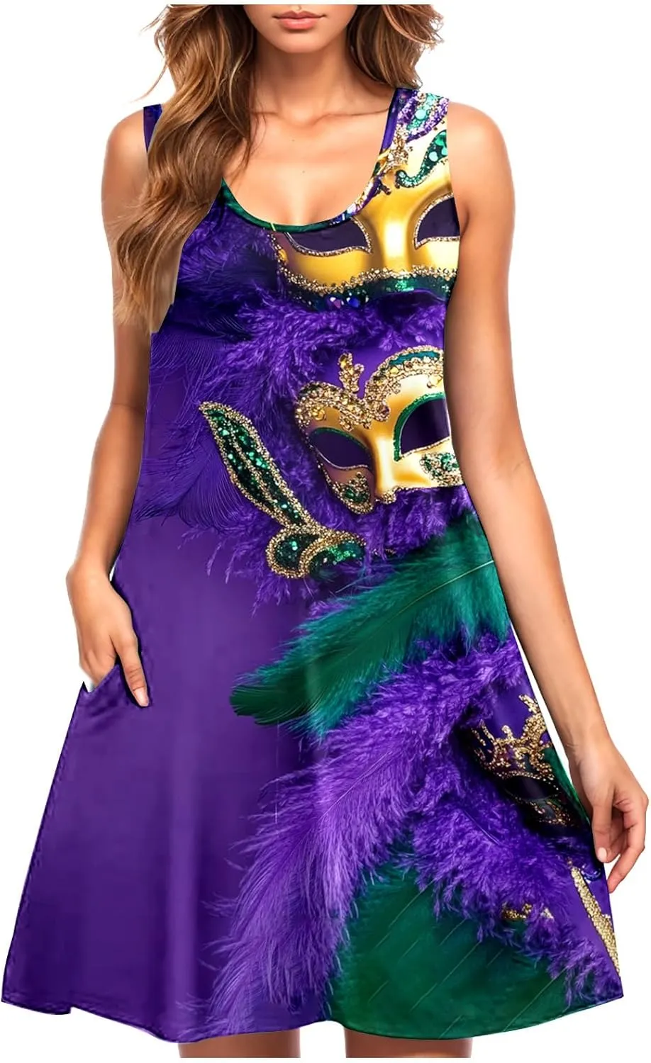 Mardi Gras Tank Dress for Women 2025 Casual Scoop Neck Sleeveless Mini Dress Loose Flowy A-Line Flare Sun Dresses
