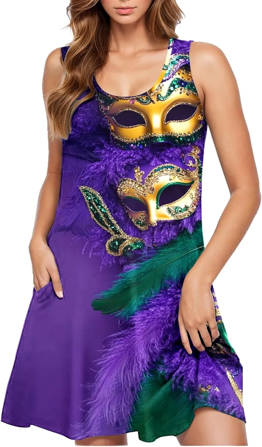 Mardi Gras Tank Dress for Women 2025 Casual Scoop Neck Sleeveless Mini Dress Loose Flowy A-Line Flare Sun Dresses
