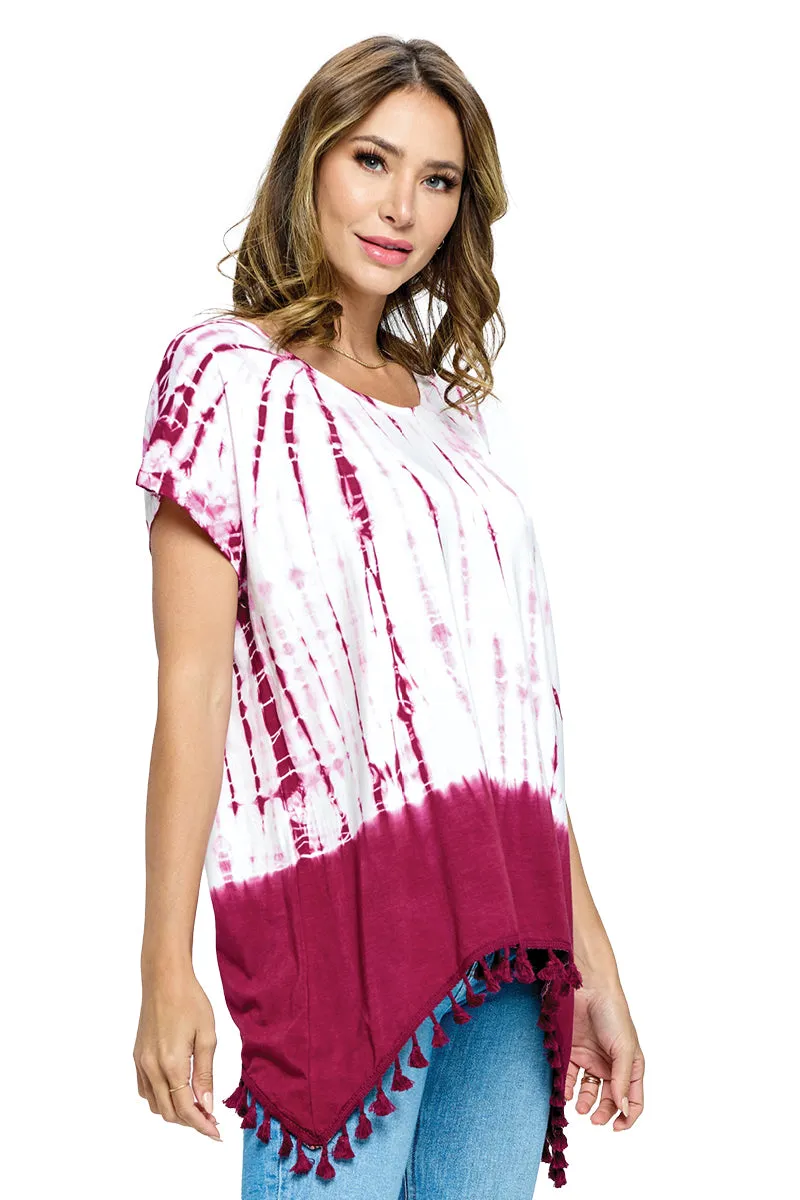 Maroon Top Gypsy Tie Dye Tassel Hem