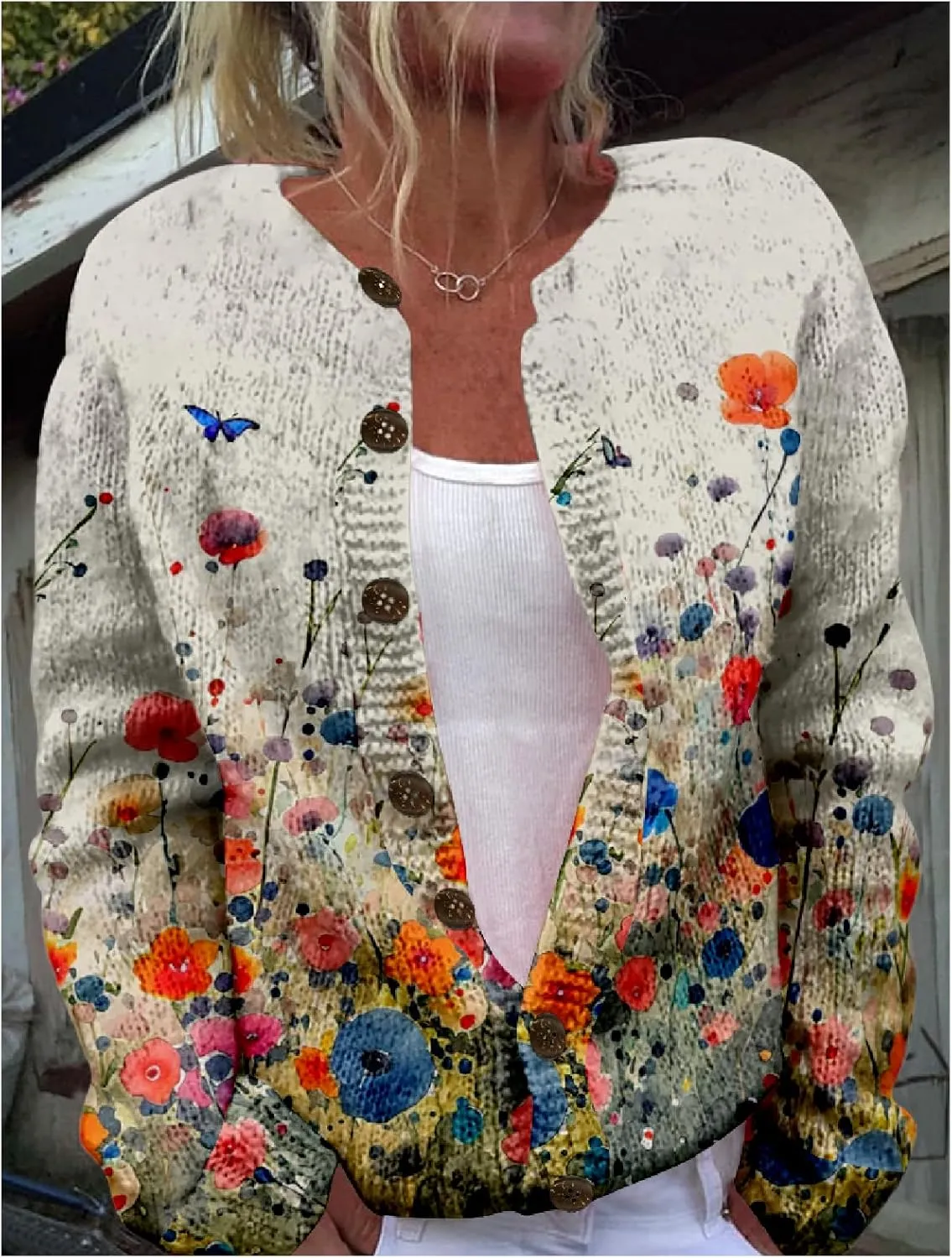 MARSVOVO Women's Boho Open Front Cardigans Cute Flower Print Sweaters Crew Neck Button Down Trendy Fall Tops Coat