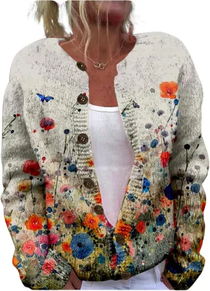 MARSVOVO Women's Boho Open Front Cardigans Cute Flower Print Sweaters Crew Neck Button Down Trendy Fall Tops Coat