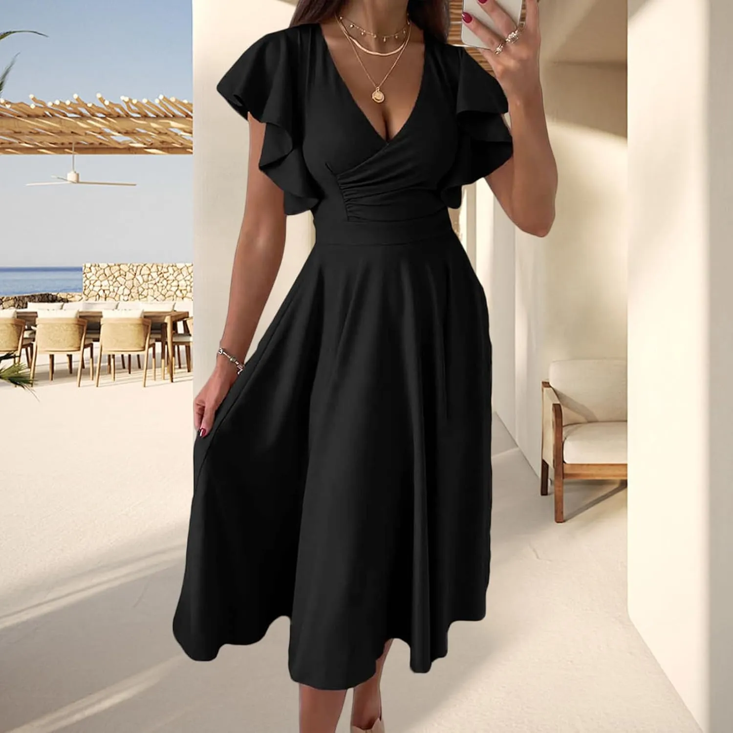 Maxi Dress for Women Sexy Ruffle Short Sleeve V Neck Dresses Casual Solid Color Pleated Tummy Control Beach Sundress
