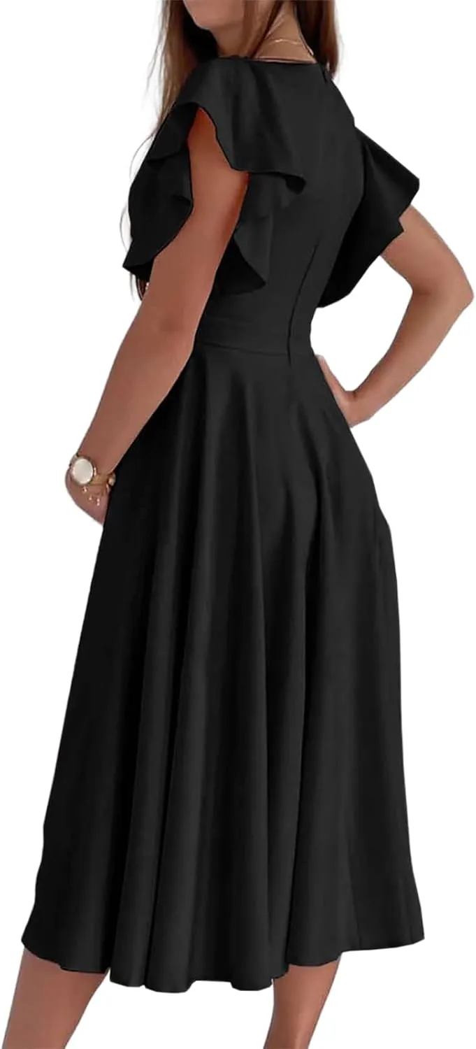 Maxi Dress for Women Sexy Ruffle Short Sleeve V Neck Dresses Casual Solid Color Pleated Tummy Control Beach Sundress