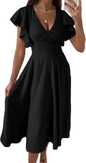 Maxi Dress for Women Sexy Ruffle Short Sleeve V Neck Dresses Casual Solid Color Pleated Tummy Control Beach Sundress